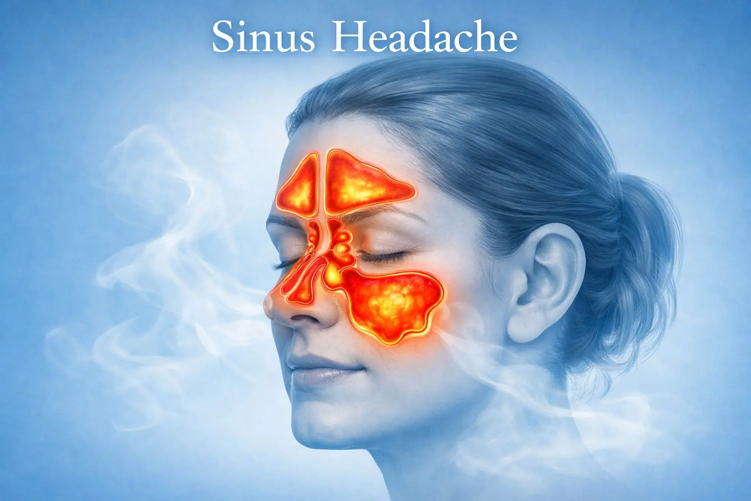 Illustration of sinus cavities showing inflammation causing sinus headache pressure with natural steam inhalation remedy