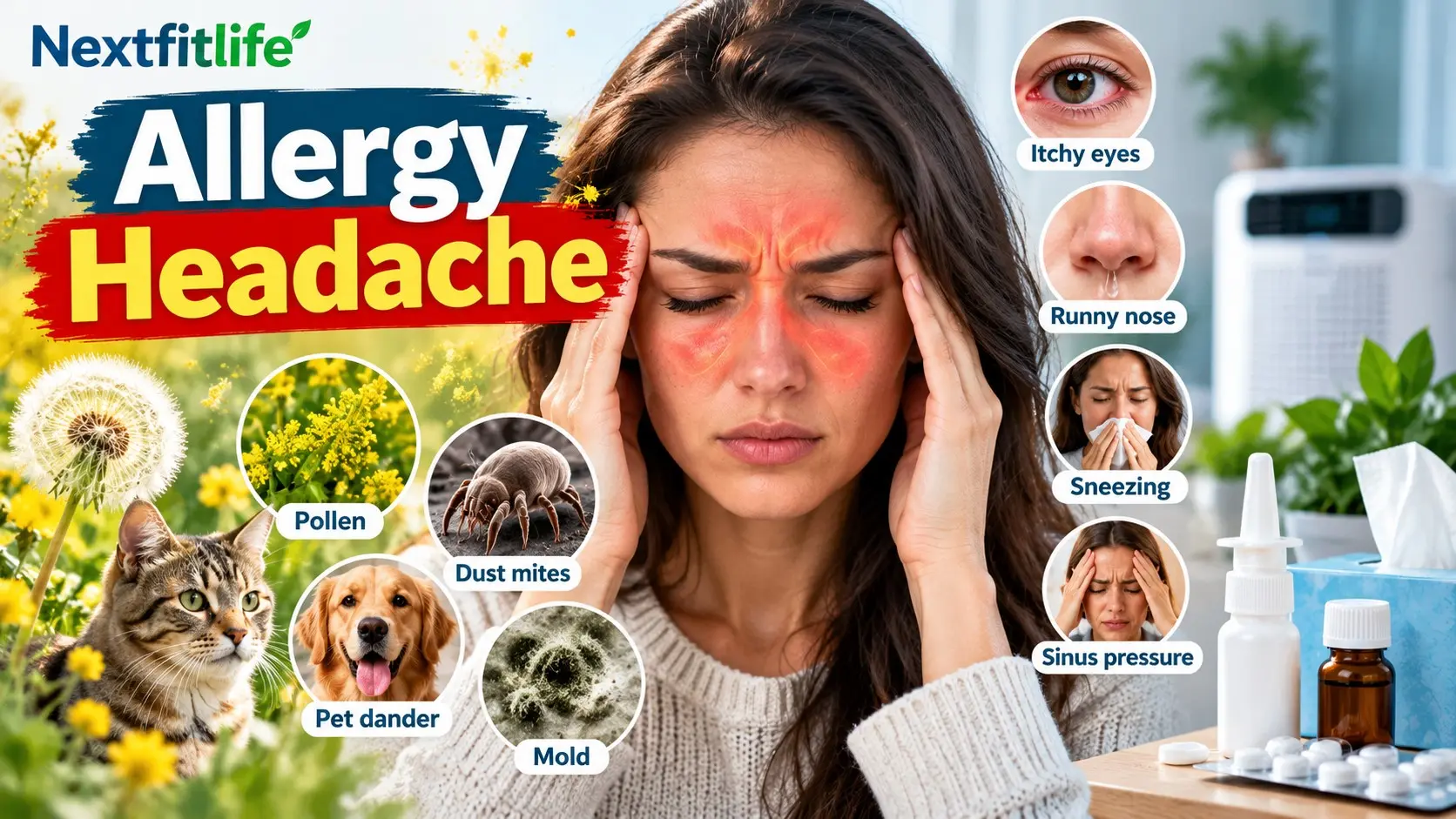 Allergy headache showing pollen, nasal congestion, facial pressure, migraine clues, antihistamine, nasal spray, and safe relief