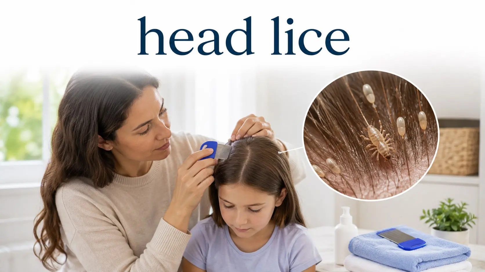 Head lice and nits shown on human hair with a fine tooth lice comb, scalp checking, treatment, cleaning, and prevention steps