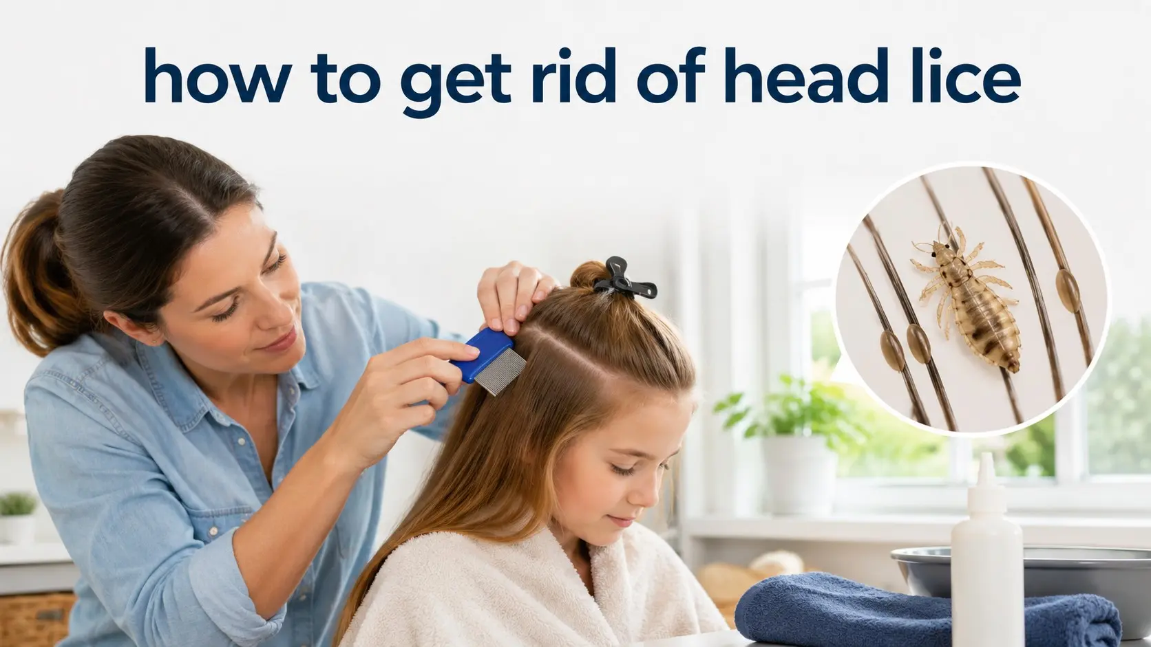 how to get rid of head lice - Parent learning how to get rid of head lice by applying safe treatment, using a fine tooth lice comb, checking nits, and cleaning recent bedding
