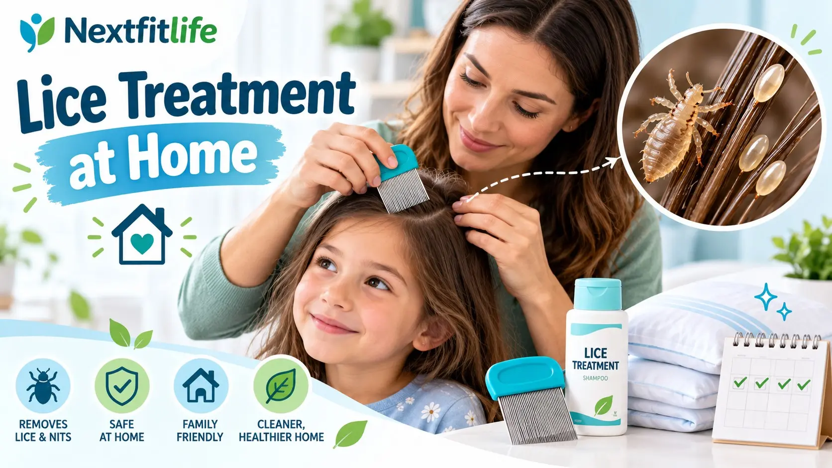 Lice treatment at home showing a nit comb, live head lice, scalp check, safe lice medicine, bedding care, and family treatment