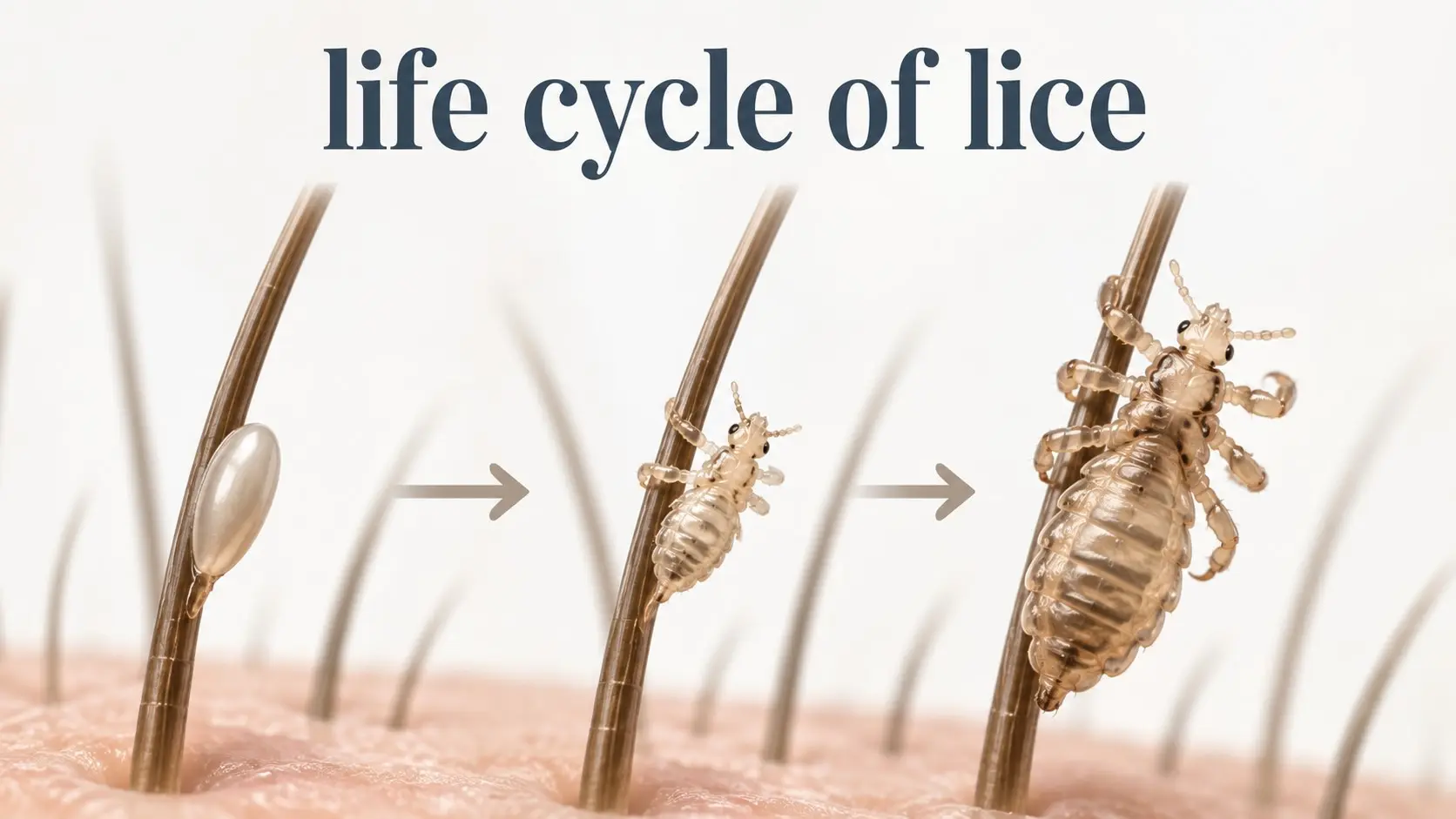 Life cycle of lice showing a nit attached to hair, a young nymph, an adult head louse, hatching timing, and treatment timing on the scalp