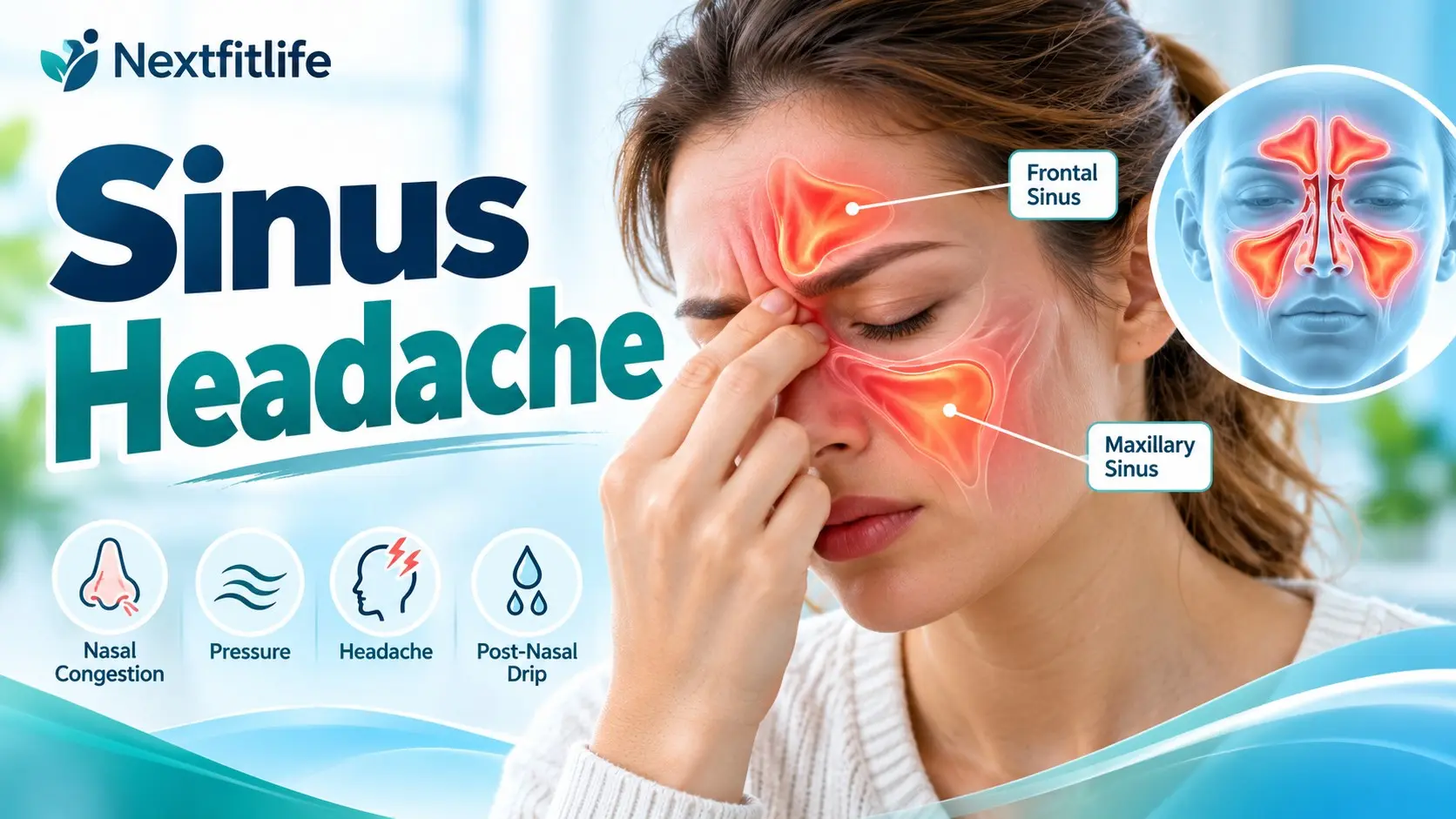 Sinus headache showing facial pressure, nasal congestion, migraine clues, saline rinse, warm compress, and safe relief