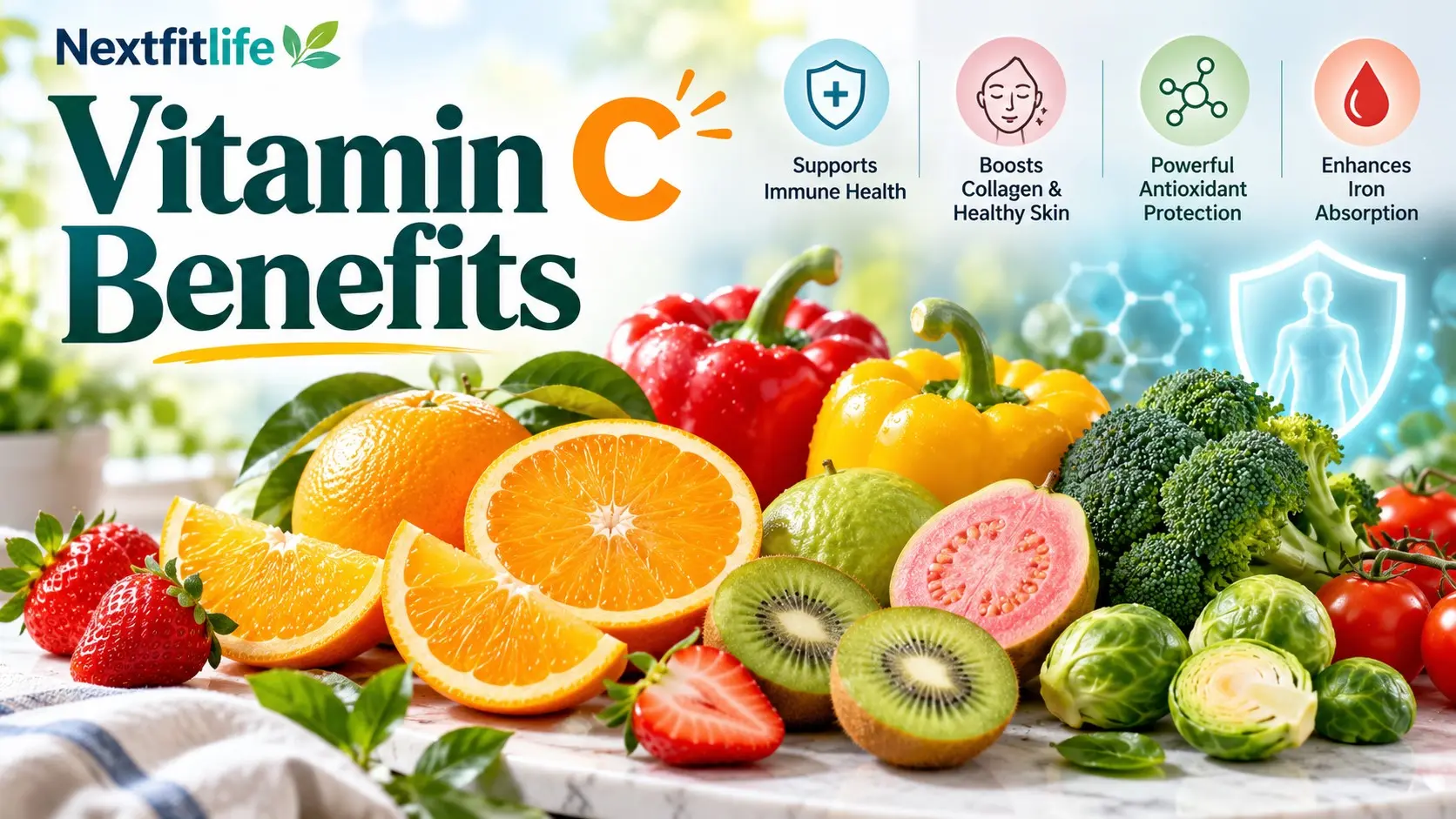 Vitamin C benefits with oranges, peppers, kiwi, strawberries, broccoli, collagen, immunity, and iron absorption