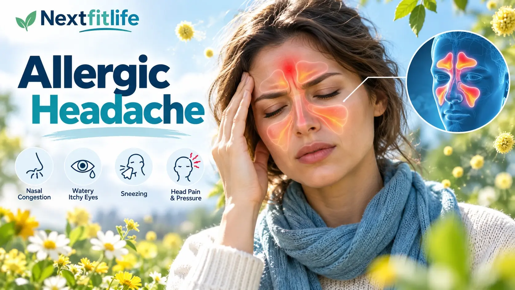 Allergic Headache with sinus pressure, sneezing, pollen allergy, migraine symptoms, nasal congestion, and medical treatment