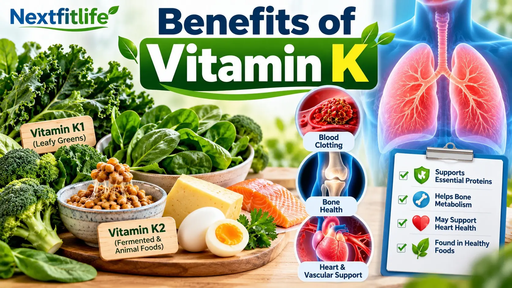 Benefits of vitamin K showing leafy greens, vitamin K1 and K2 foods, blood clotting, bone health, heart research, and safe nutrition