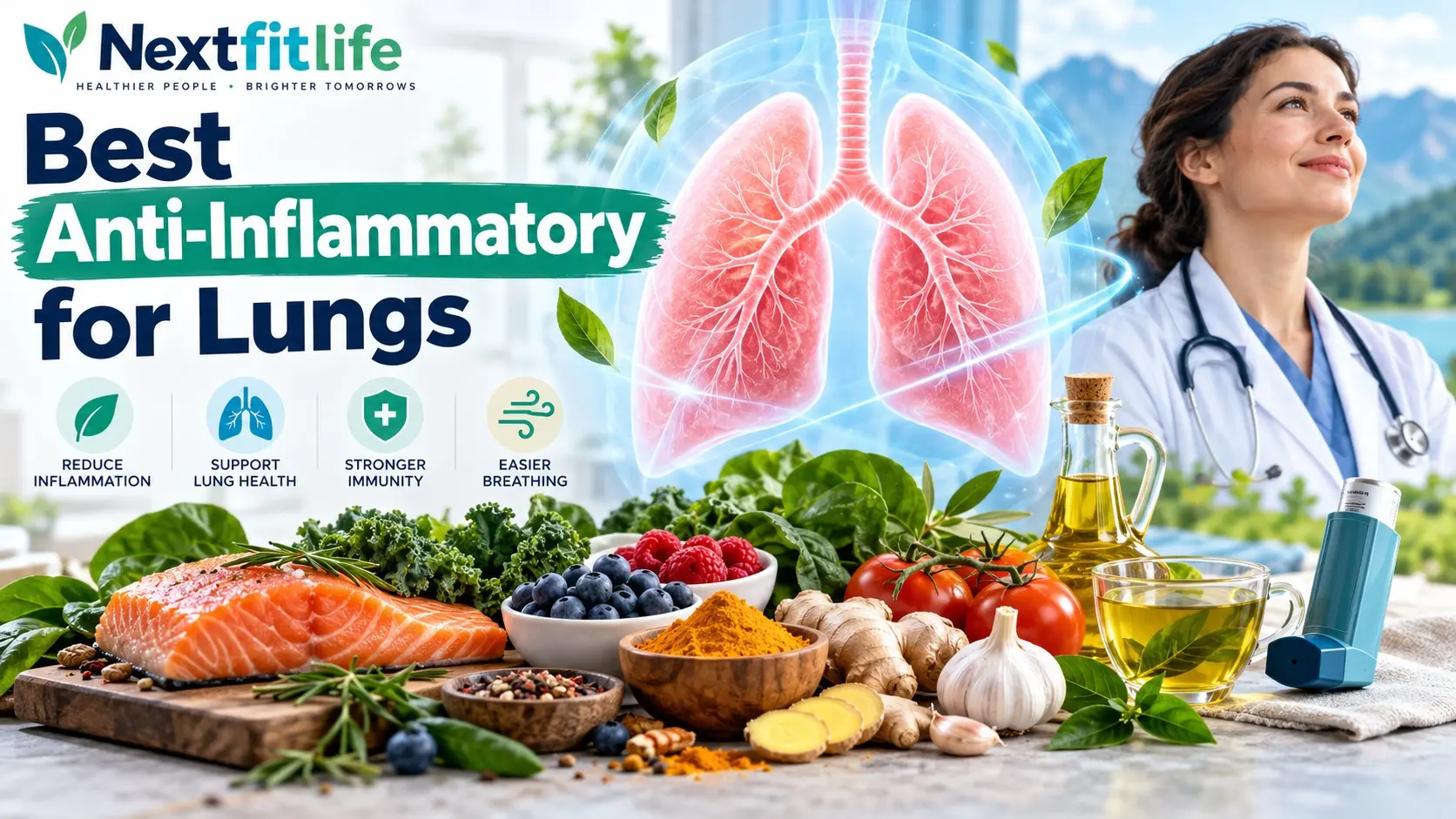 Best anti-inflammatory for lungs with inhaler, healthy foods, inflamed airways, asthma treatment, COPD care, and lung safety