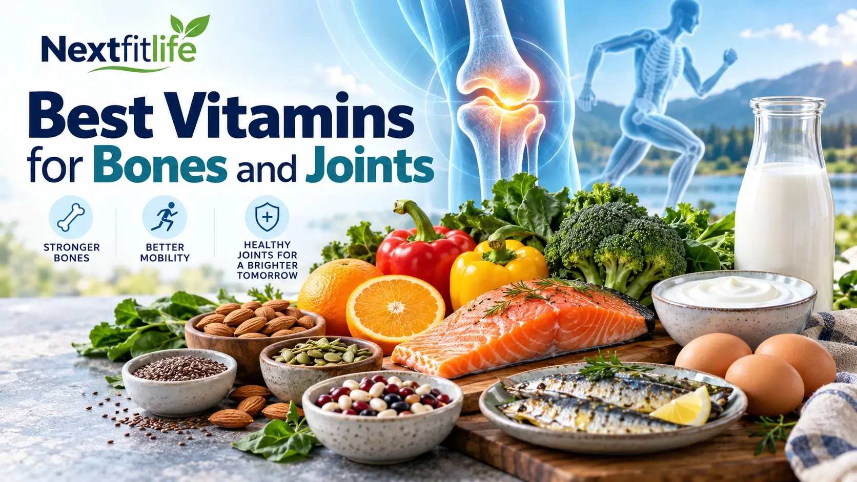 Best vitamins for bones and joints with calcium rich foods, vitamin D foods, leafy greens, salmon, yogurt, nuts, and healthy joints