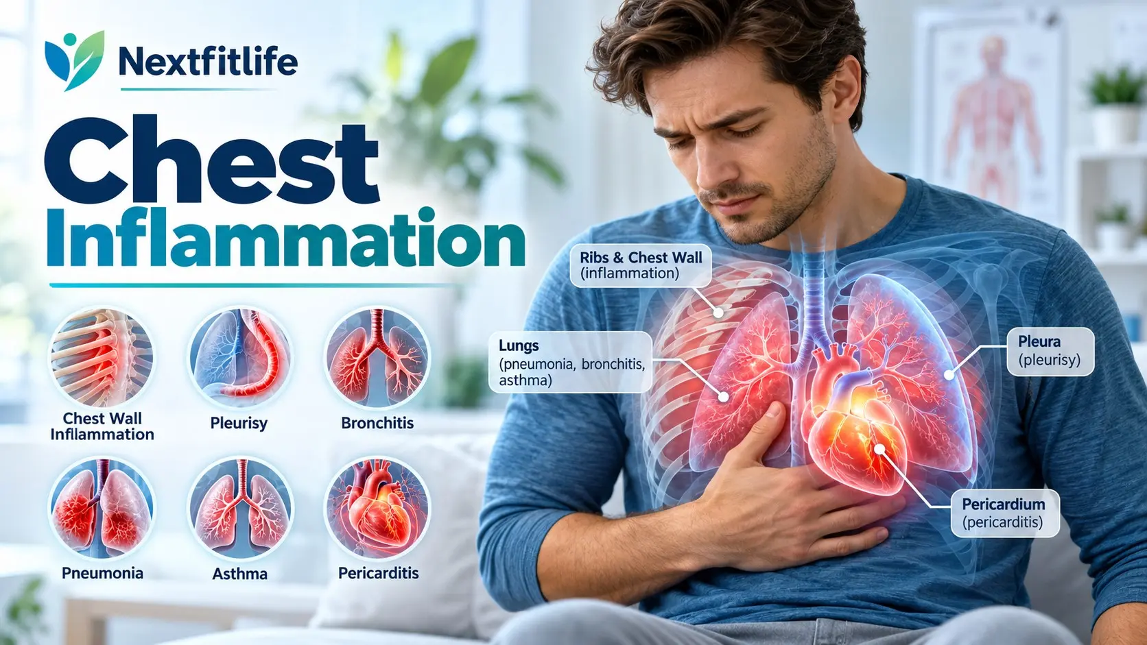 Chest inflammation with chest pain, lung irritation, pleurisy, costochondritis, pericarditis, pneumonia, and emergency warning signs