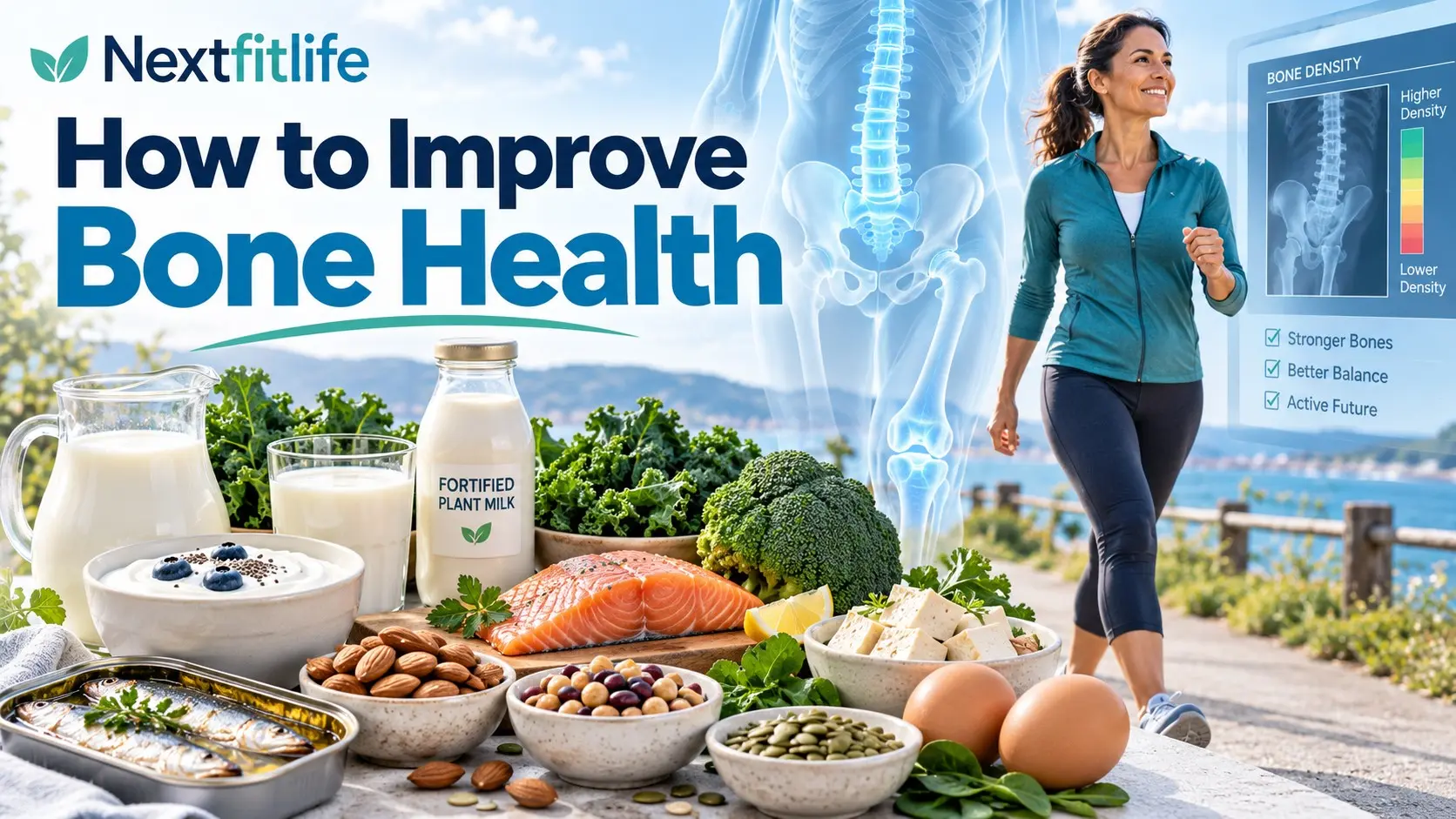 How to improve bone health with calcium rich foods, vitamin D, strength exercise, walking, and healthy bones
