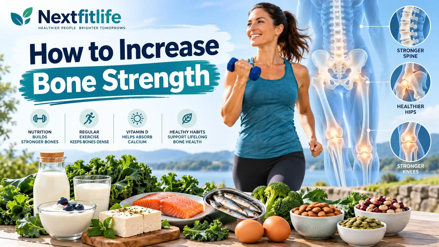 How to Increase Bone Strength with calcium rich foods, vitamin D, resistance exercise, walking, and healthy bones