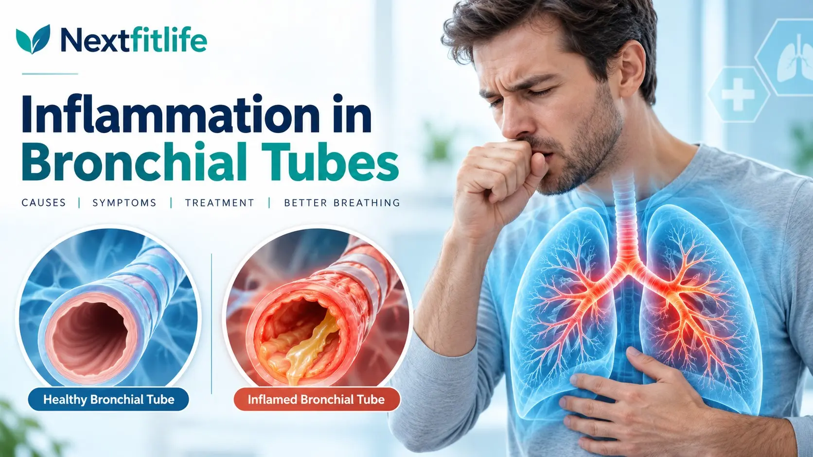 Inflammation in bronchial tubes showing swollen airways, mucus, cough, wheezing, bronchitis, asthma, and lung treatment