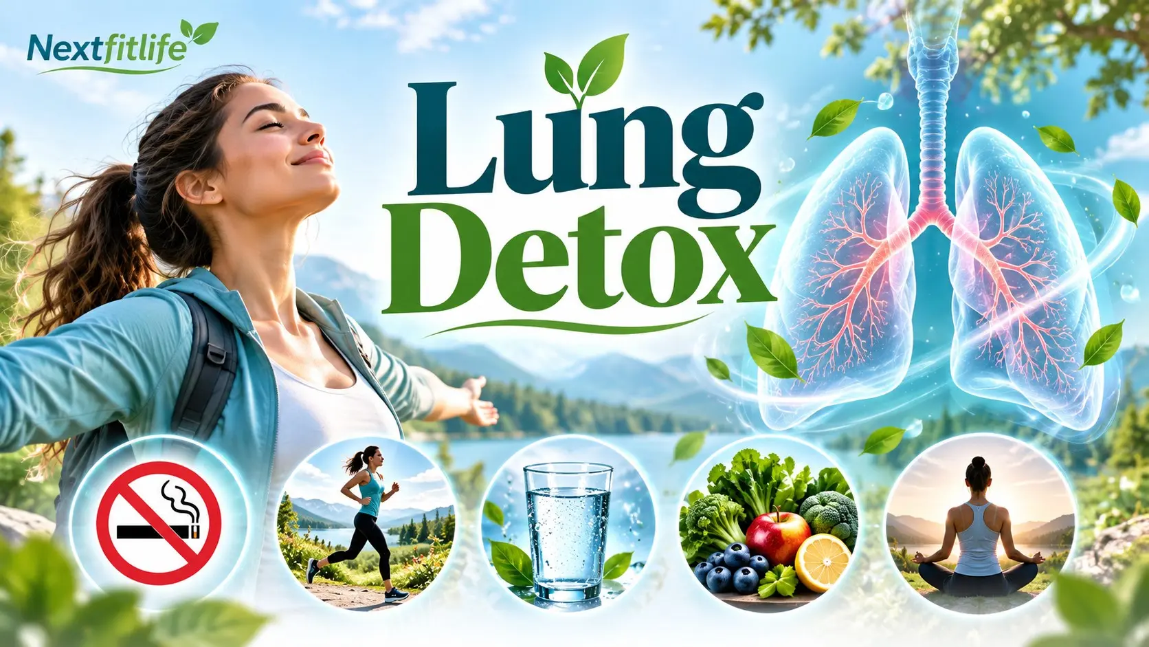 Lung detox showing healthy lungs, no smoking, clean air, exercise, mucus clearance, breathing support, and safe lung recovery