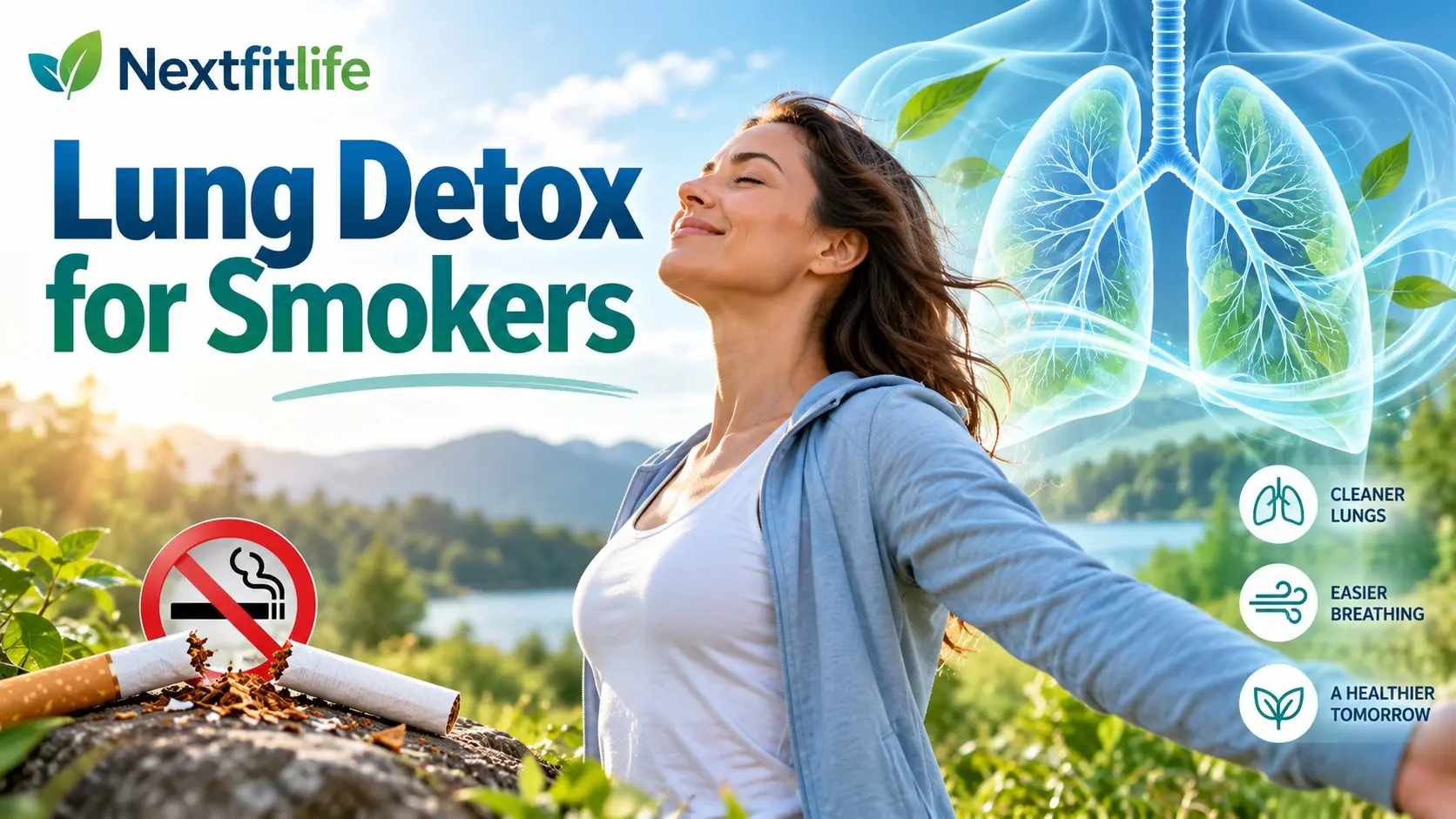 Lung detox for smokers showing quitting cigarettes, healthy lungs, walking, clean air, spirometry, mucus clearance, and safe recovery