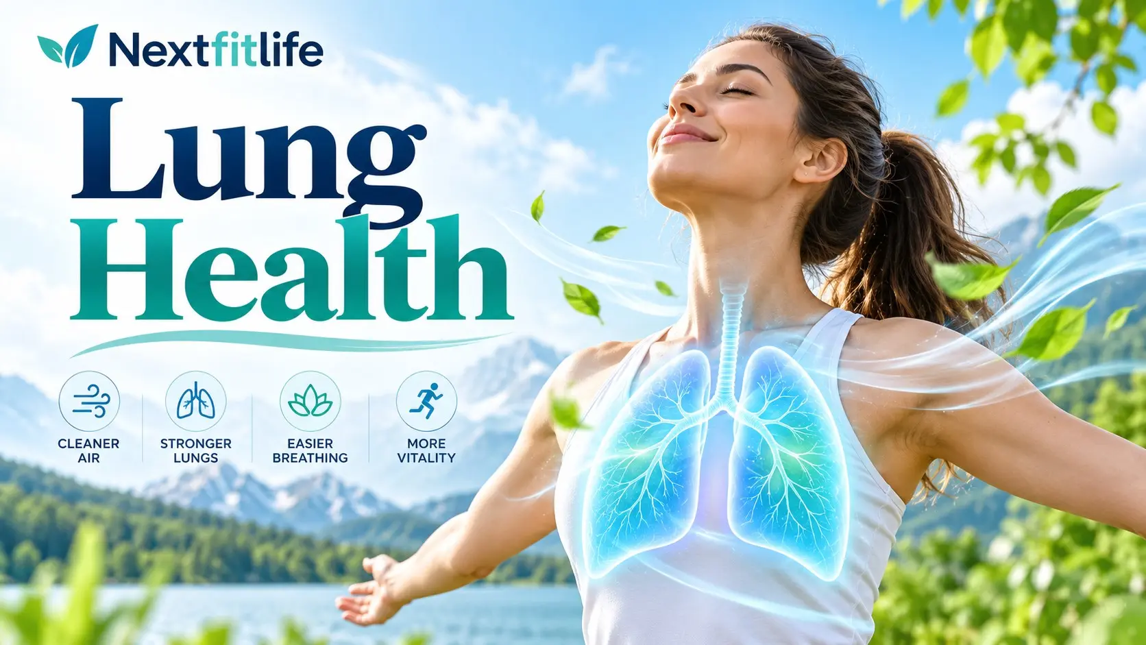 Lung health showing healthy lungs, exercise, clean air, no smoking, spirometry, warning signs, and daily respiratory care