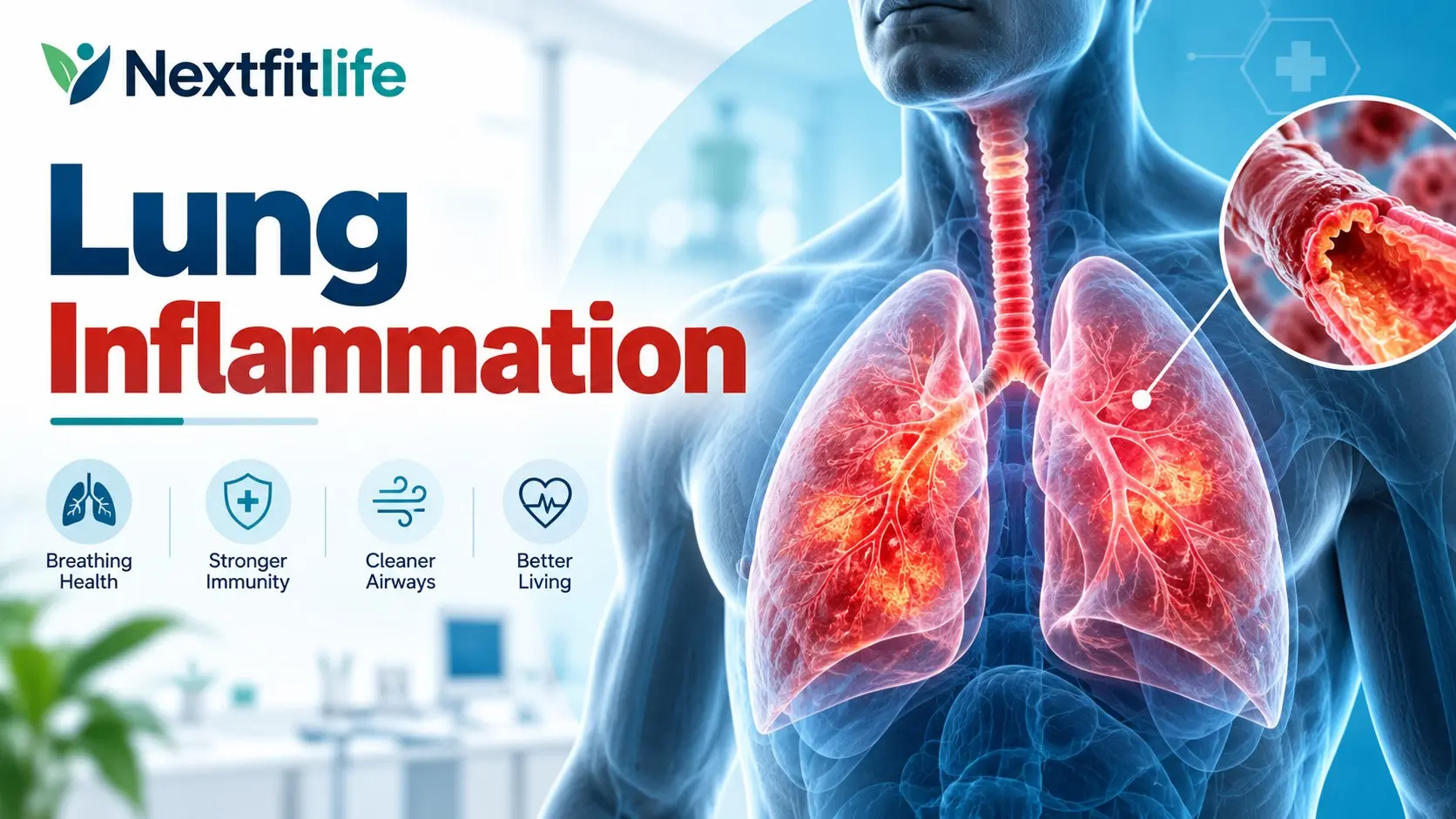 Lung inflammation symptoms showing cough, shortness of breath, chest pain, wheezing, fever, lung imaging, and emergency warning signs