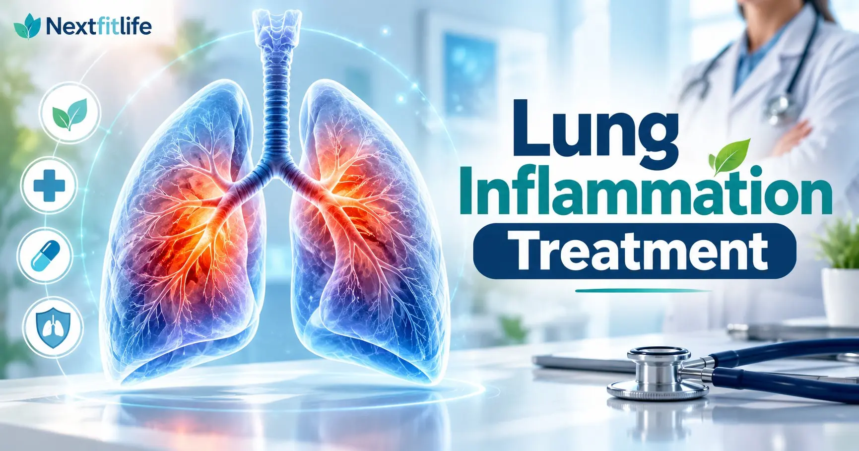 Lung inflammation treatment showing inhalers, antibiotics, oxygen, lung testing, pneumonia care, asthma treatment, and red flags