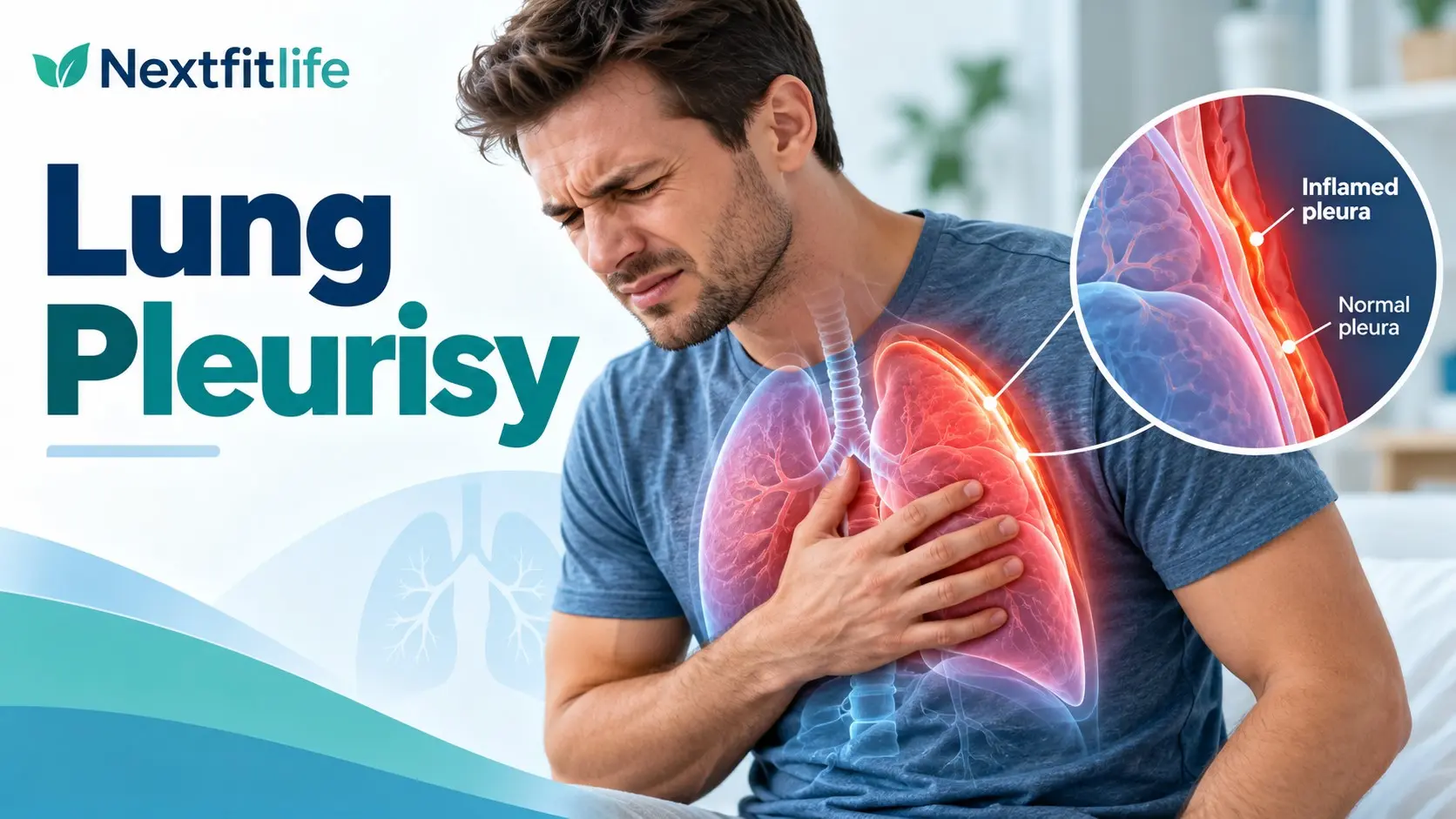Lung pleurisy showing inflamed pleura, sharp chest pain with breathing, pleural effusion, pneumonia, and medical care