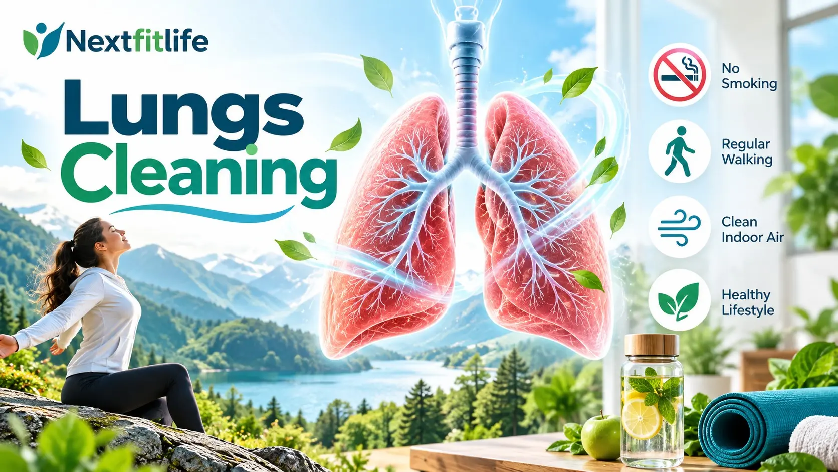 Lungs cleaning showing healthy airways, clean air, walking, no smoking, HEPA filtration, spirometry, and safe breathing support