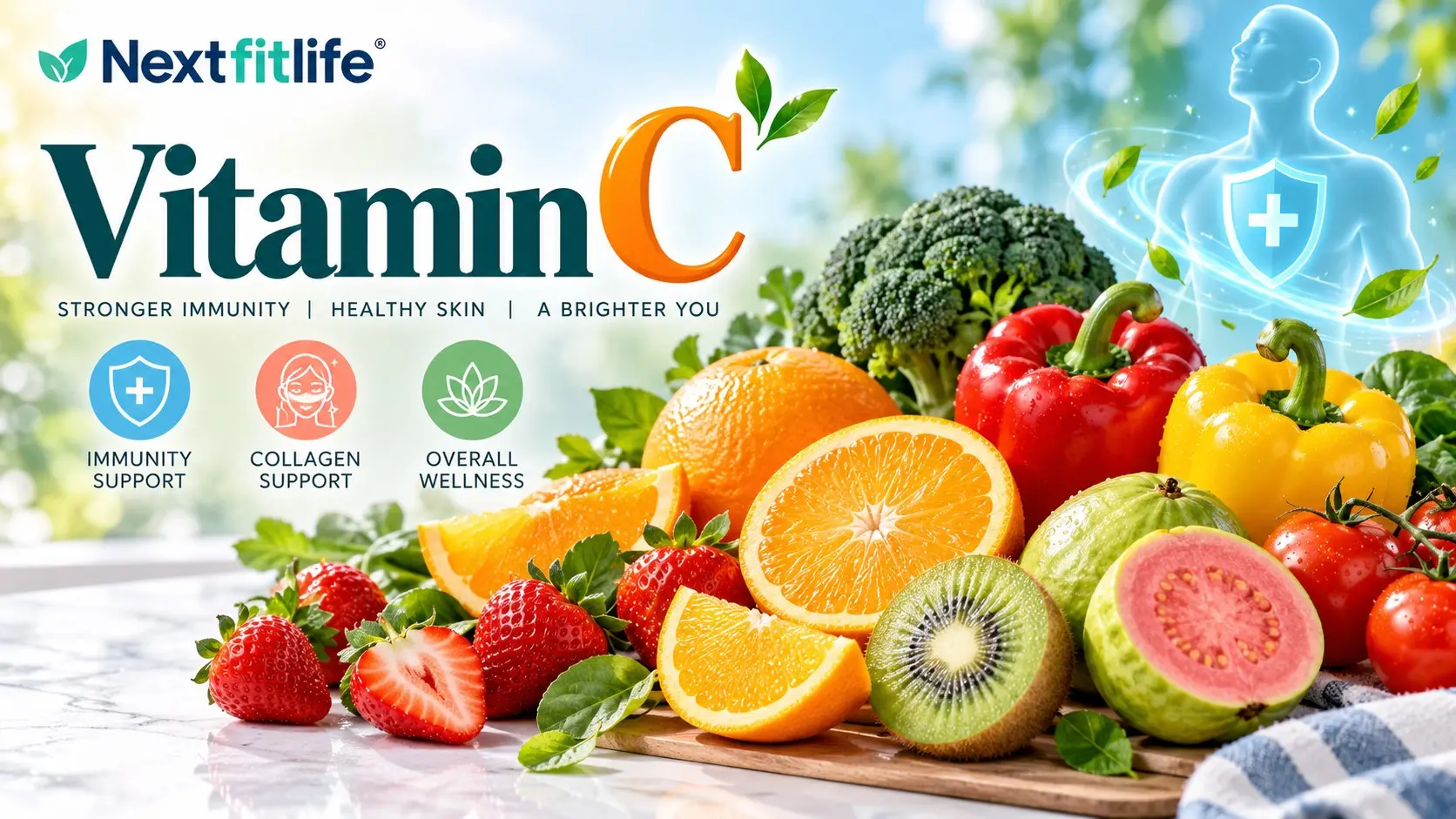 Vitamin C foods including peppers, oranges, kiwi, strawberries, broccoli, and healthy immune and collagen support