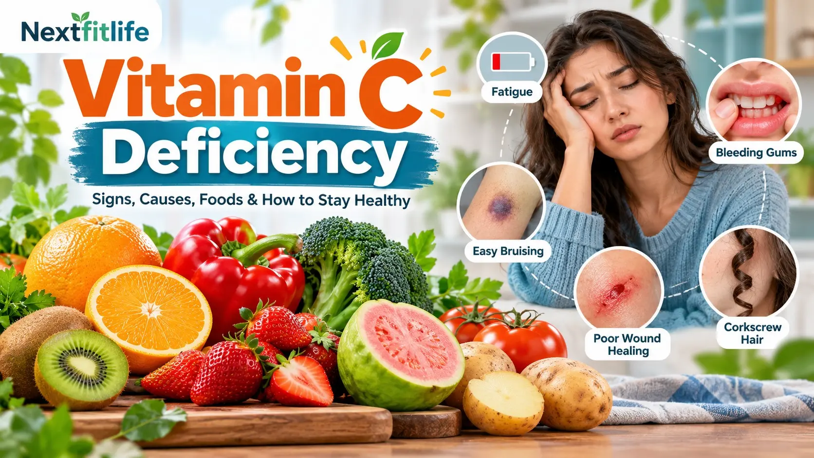 Vitamin C deficiency signs with bleeding gums, bruising, fatigue, poor wound healing, oranges, peppers, kiwi, and broccoli