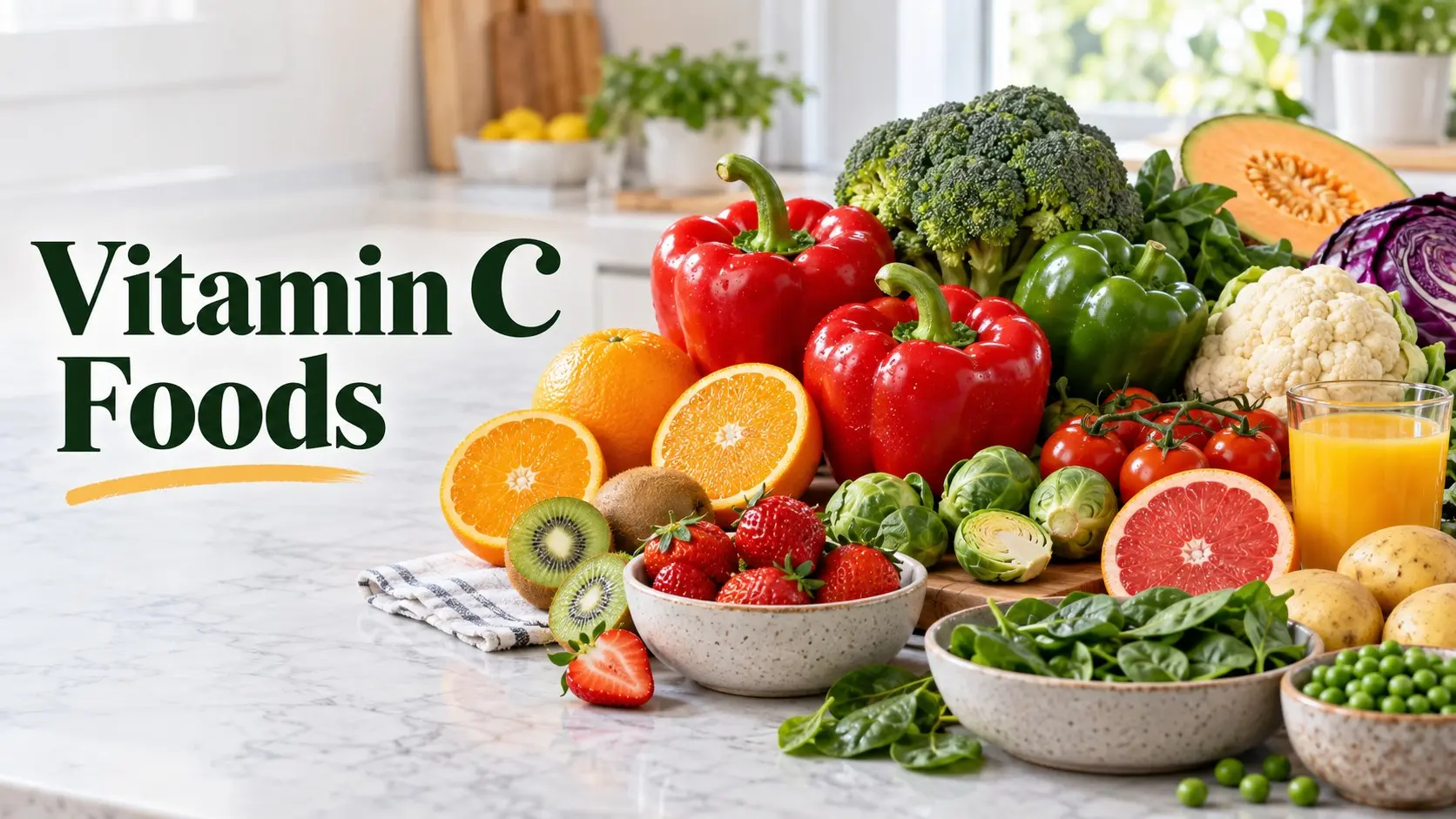 Vitamin C Foods including red bell peppers, oranges, kiwi, strawberries, broccoli, grapefruit, tomatoes, Brussels sprouts, and other vitamin C rich produce.