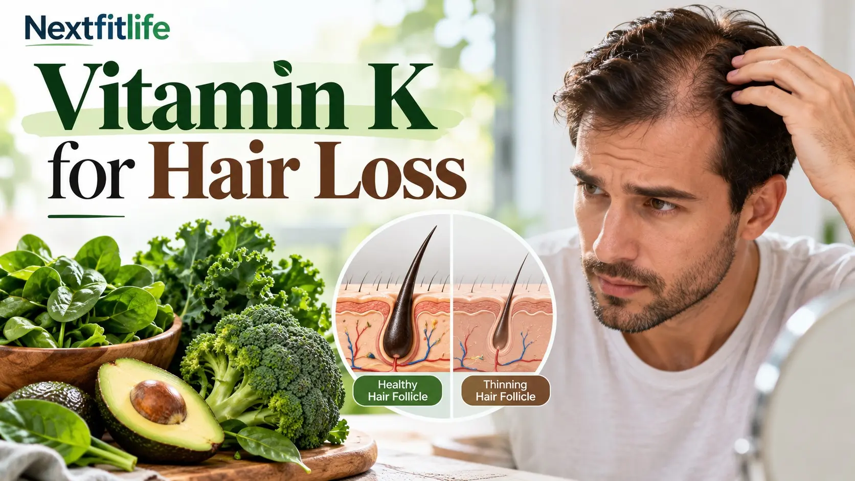 Vitamin K for hair loss showing leafy greens, vitamin K1 and K2 foods, thinning hair, hair follicles, and evidence based hair care