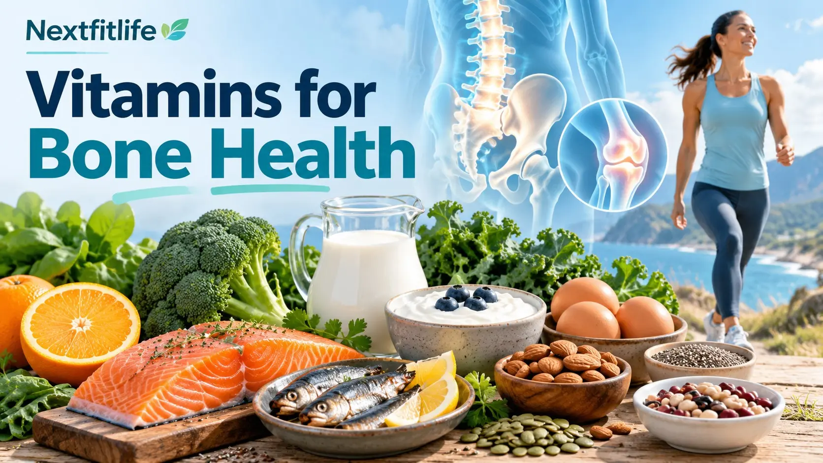 Vitamins for bone health with salmon, yogurt, leafy greens, calcium foods, vitamin D foods, and healthy bone illustration