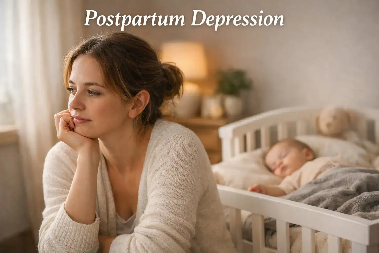 New mother experiencing postpartum depression supported by friend representing compassion recovery and mental health awareness
