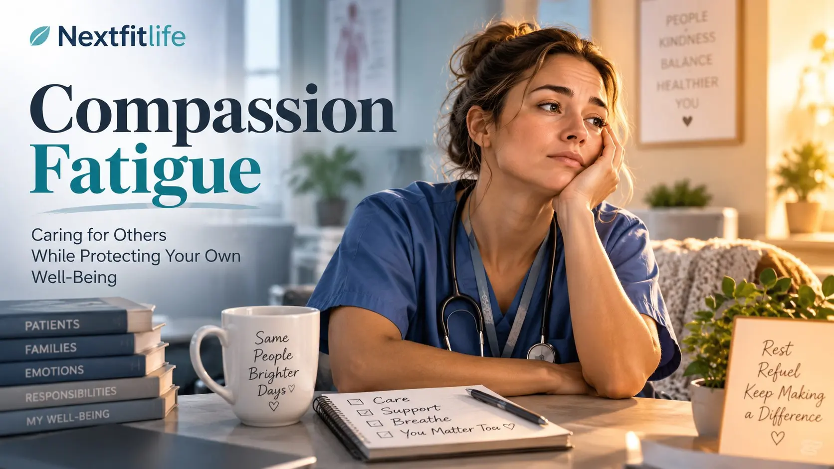 Compassion fatigue showing emotional exhaustion, caregiver stress, secondary traumatic stress, burnout risk, and healthy recovery