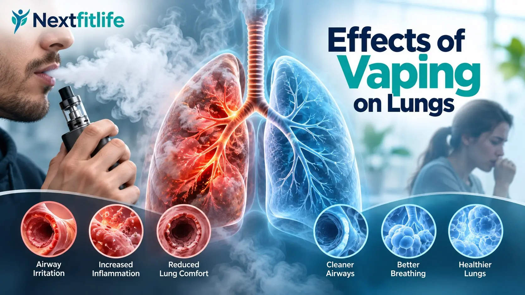 Effects of vaping on lungs showing airway irritation, vape aerosol, coughing, wheezing, EVALI risk, and healthy lung recovery