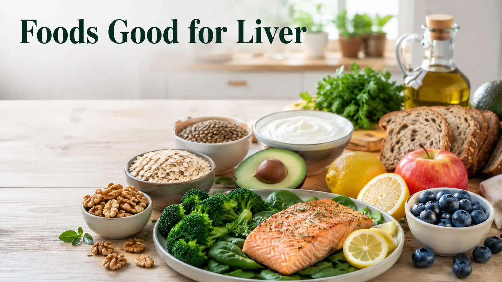 Foods Good for Liver with salmon, broccoli, berries, oats, lentils, walnuts, avocado, yogurt, and olive oil.