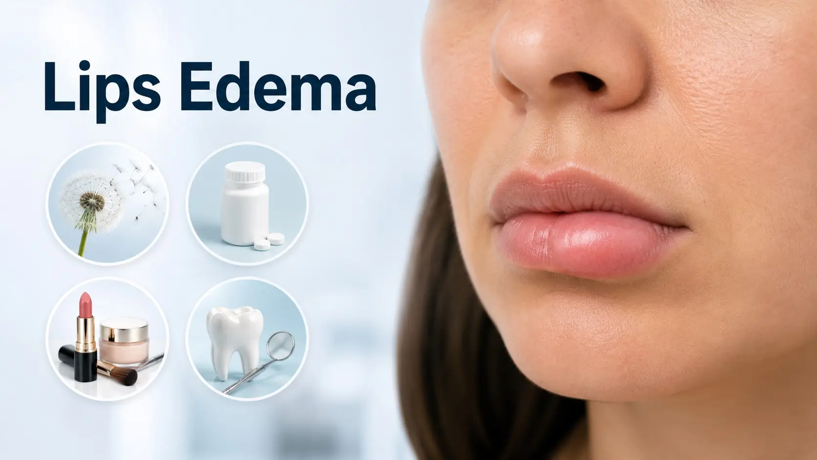 Lips Edema showing mild swollen lips with possible allergy, medicine, cosmetic, dental and angioedema causes.