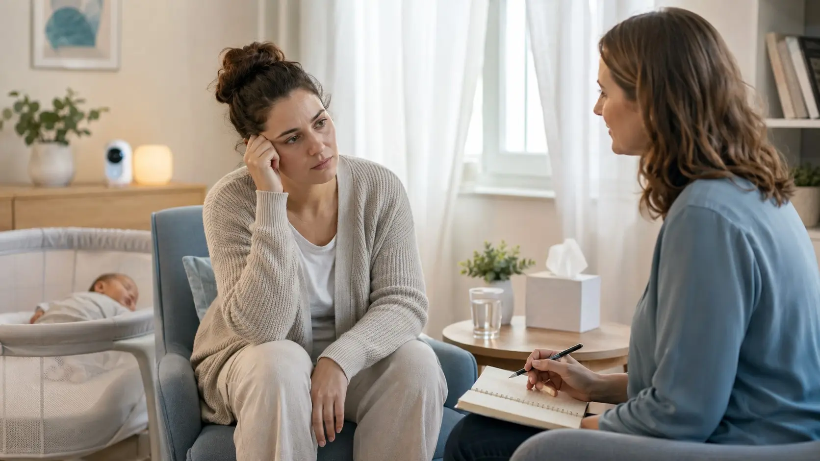 New mother discusses postpartum depression symptoms, treatment options, sleep, and urgent warning signs with a compassionate healthcare professional