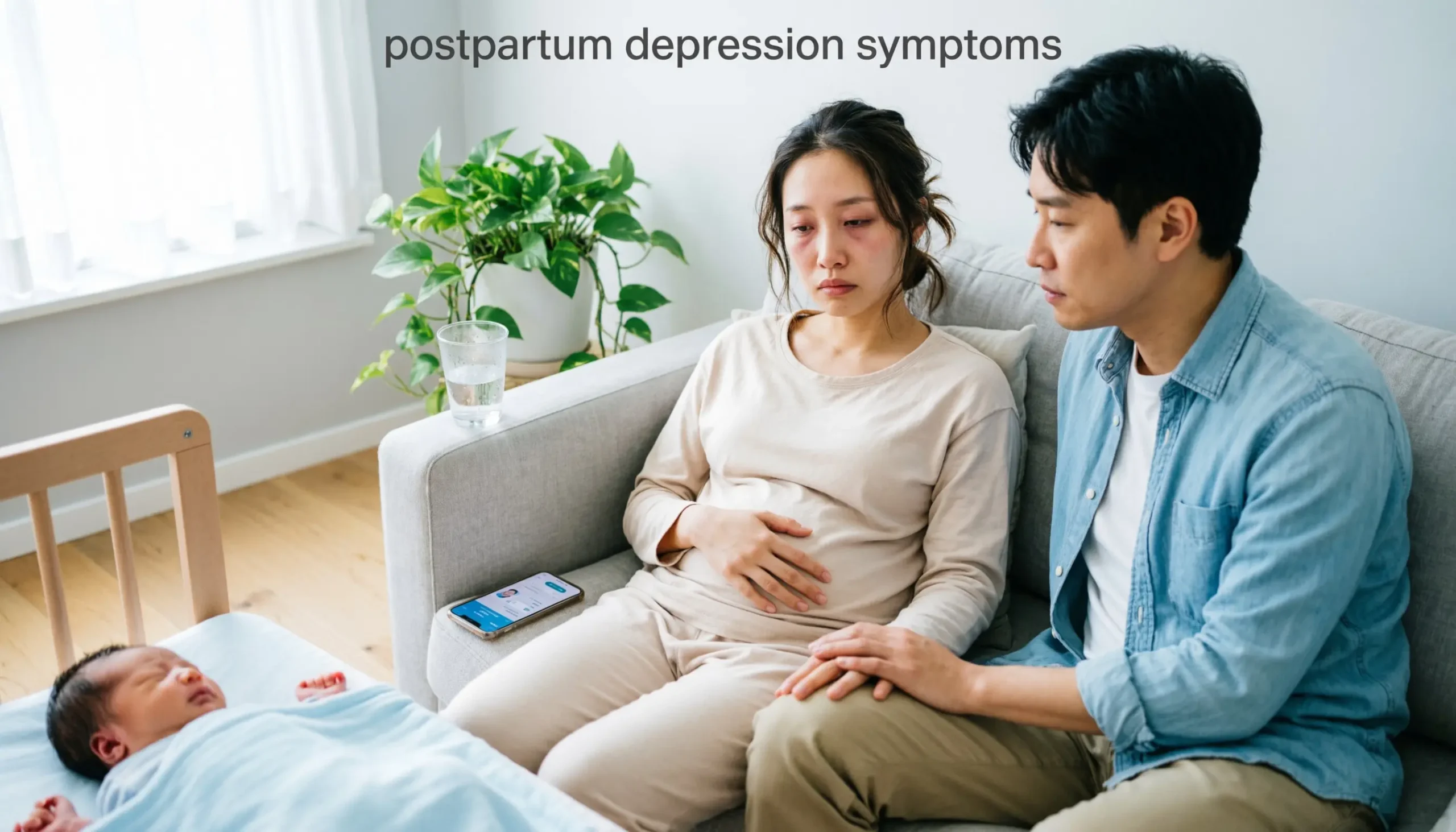 Supportive partner listening to a new mother experiencing possible postpartum depression symptoms