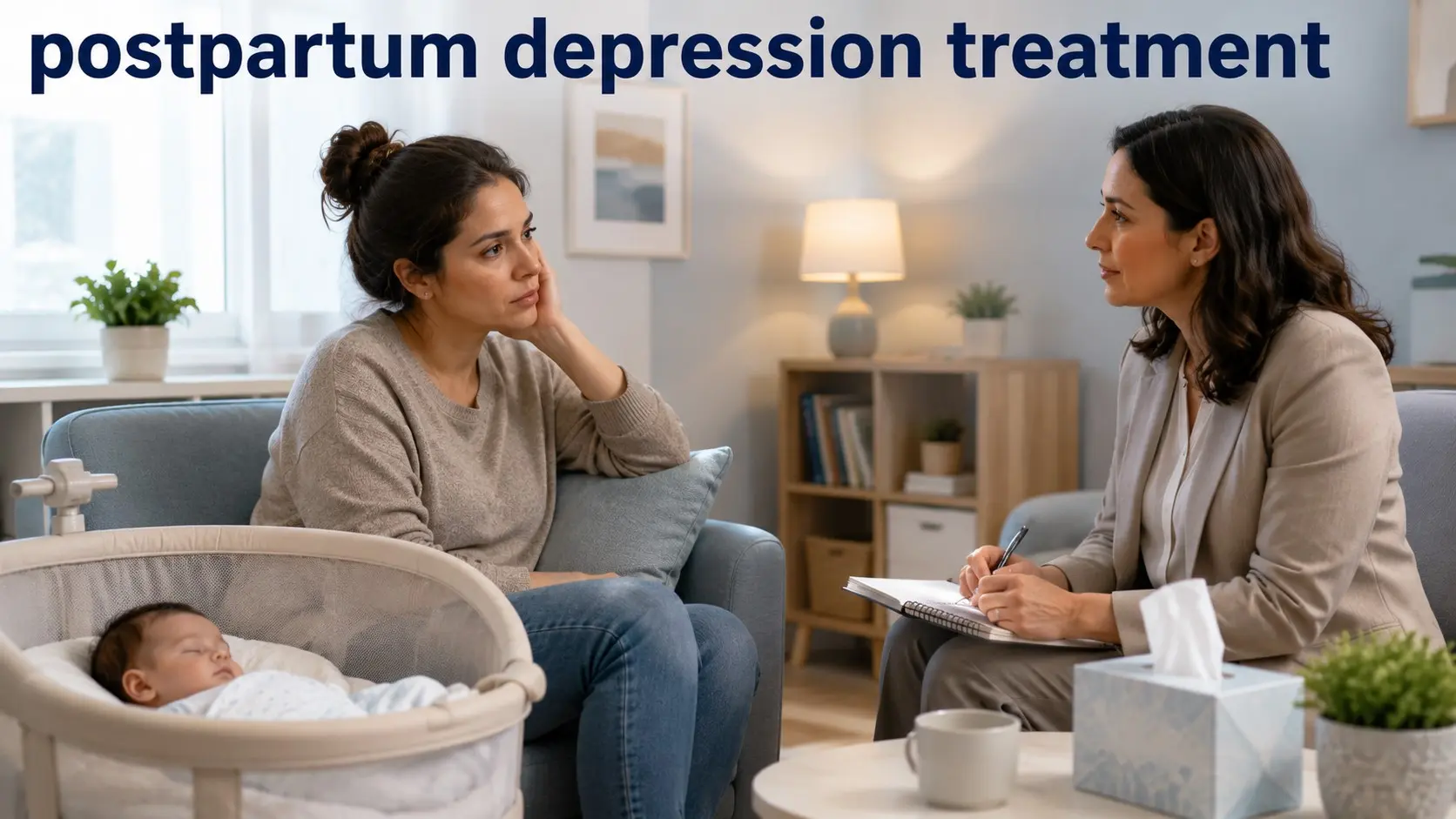 New mother speaking with a mental-health professional about postpartum depression treatment.