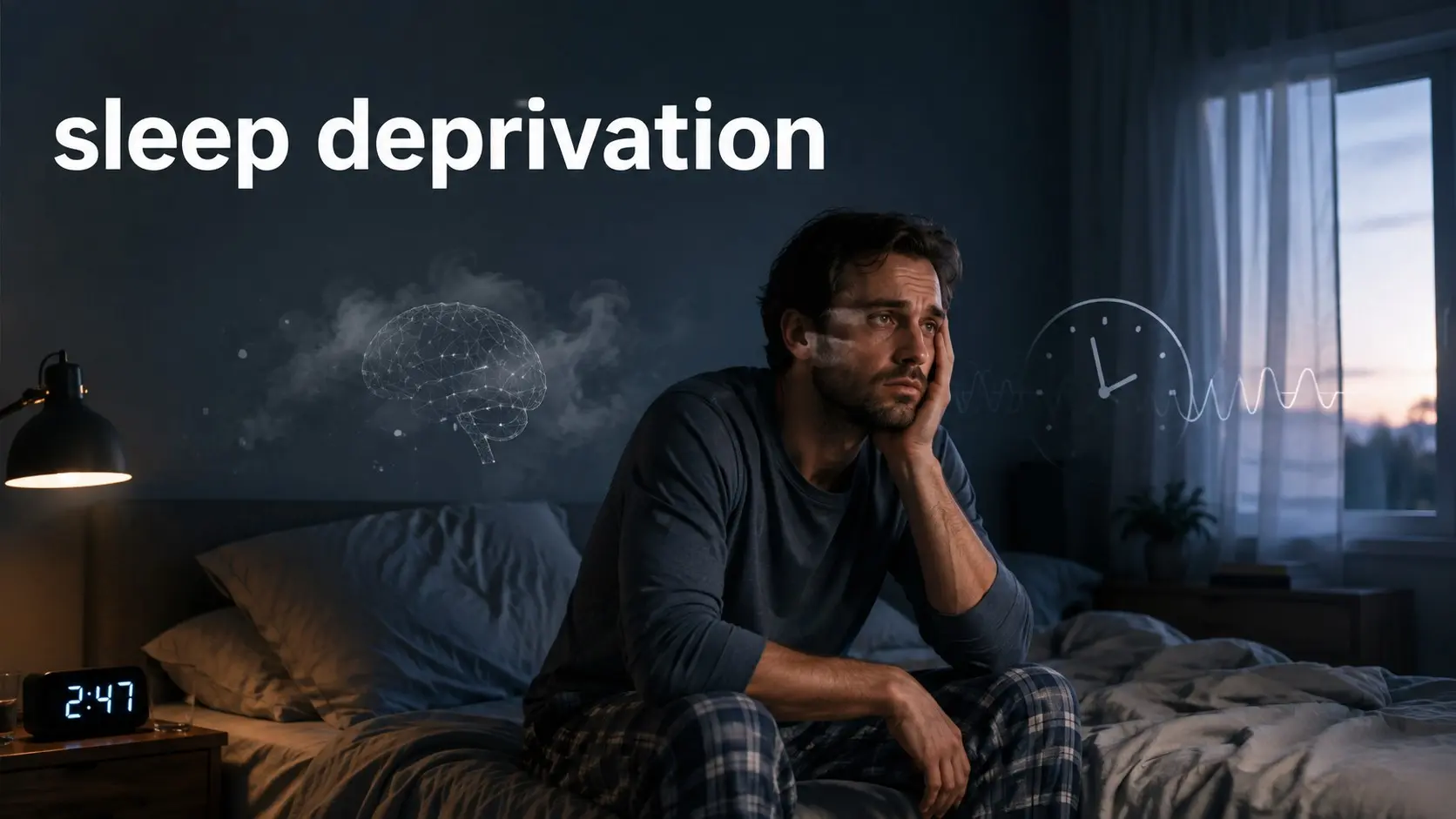 Tired adult sitting awake in bed at night showing sleep deprivation, daytime fatigue, poor sleep quality, sleep debt and difficulty getting enough rest