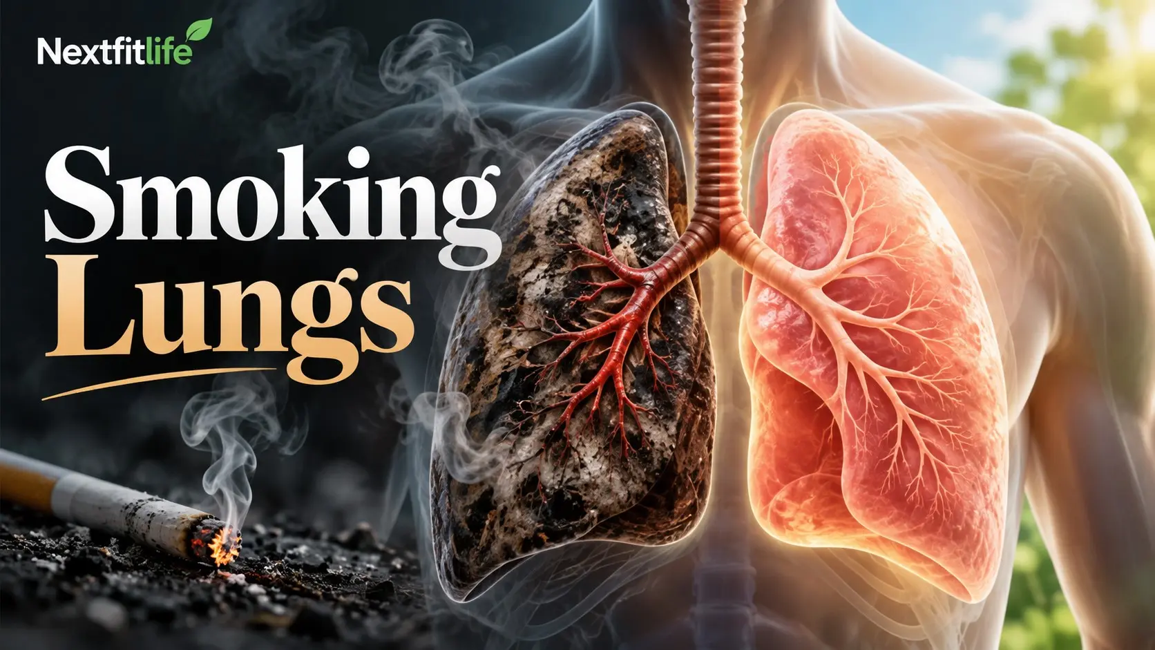 Smoking lungs showing cigarette damage, healthy lungs after quitting, COPD, lung cancer risk, cilia recovery, and smoking cessation