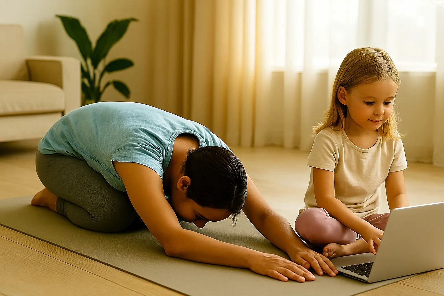 woman making yoga for back pain and a child sitting with laptop