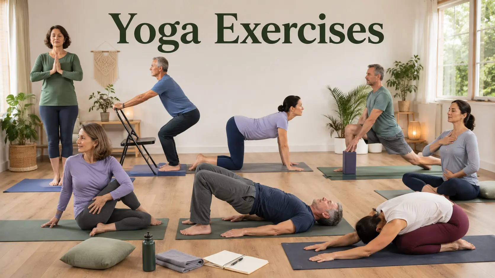 Yoga Exercises at Home guide with adults doing beginner yoga poses, chair supported balance, bridge pose, breathing, stretching, and gentle eye rest