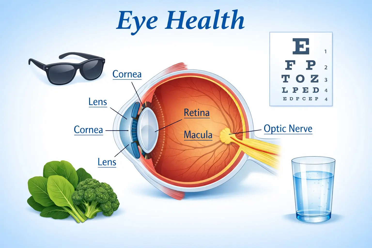 Complete eye health guide covering nutrition, exercises, eye conditions and prevention for better vision and long-term eye wellness