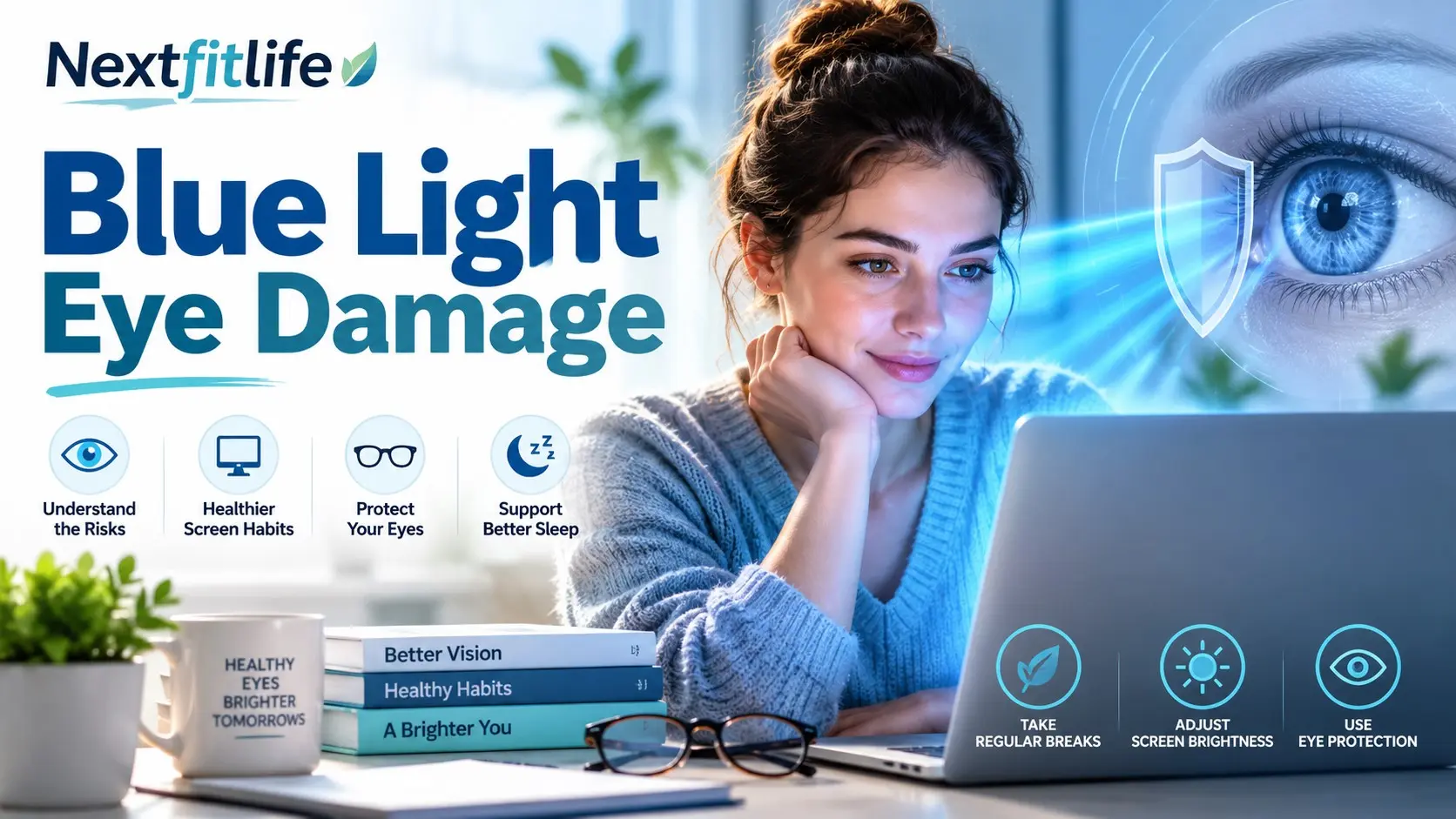 Blue light eye damage guide showing screen safety, digital eye strain, blue light glasses, sleep, UV protection, and eye care