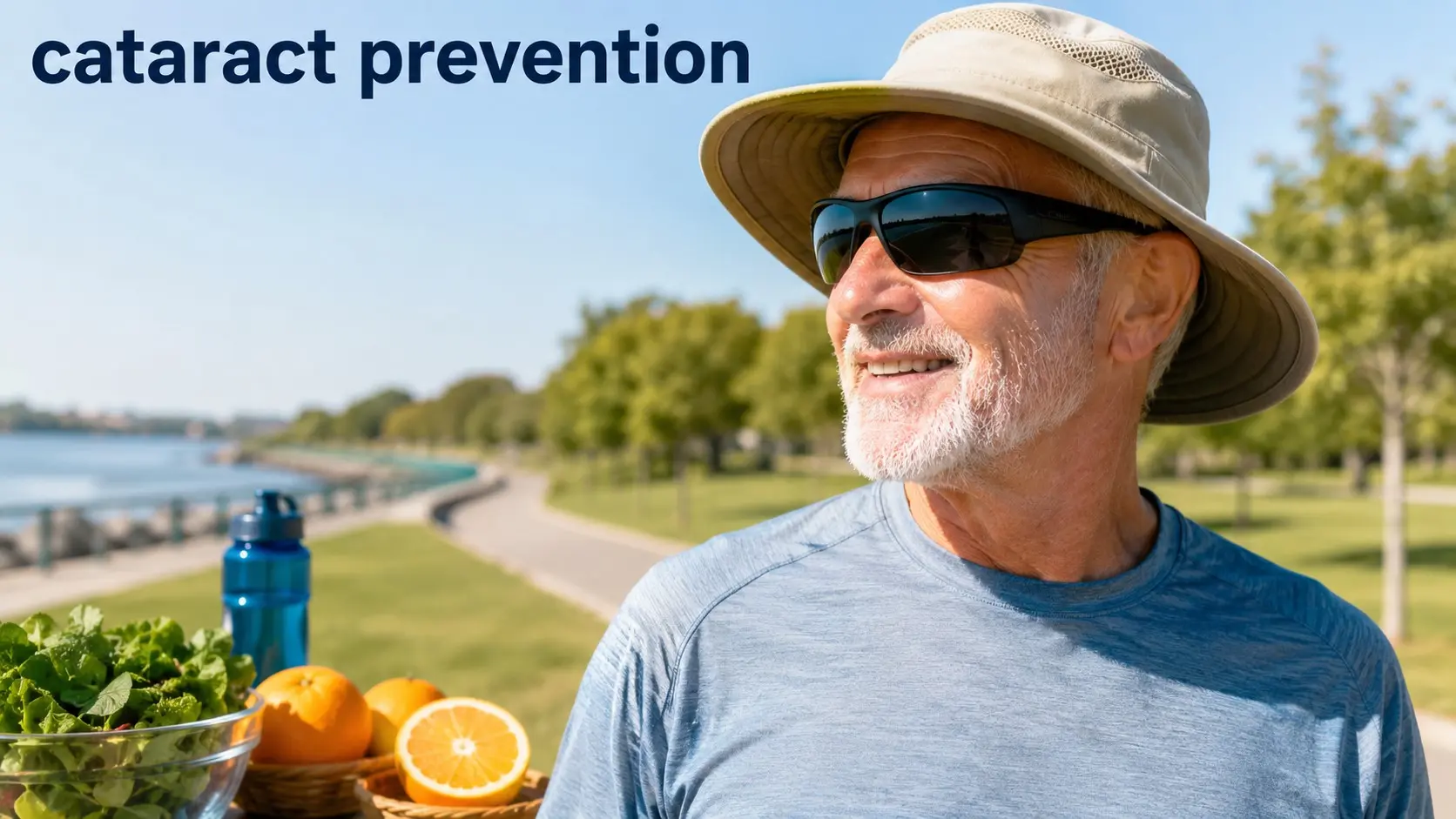 cataract prevention - Older adult wearing UV-blocking sunglasses and a wide-brimmed hat for cataract risk reduction.