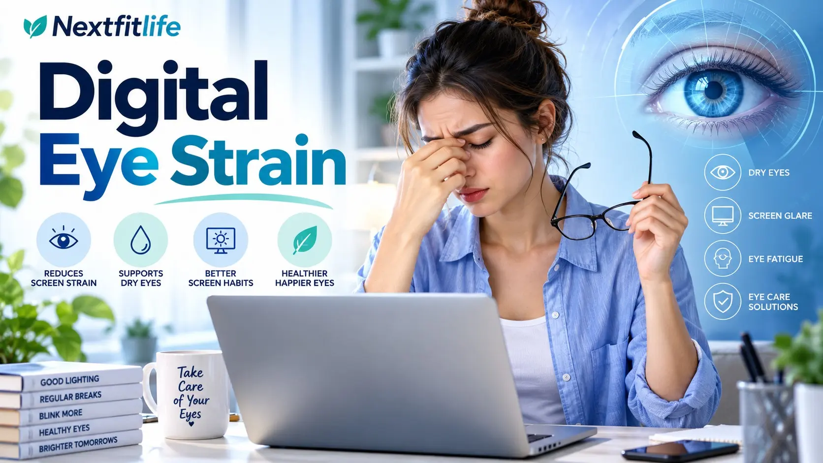 Digital eye strain with tired eyes, screen fatigue, dry eye, headaches, proper monitor position, blinking, and screen breaks