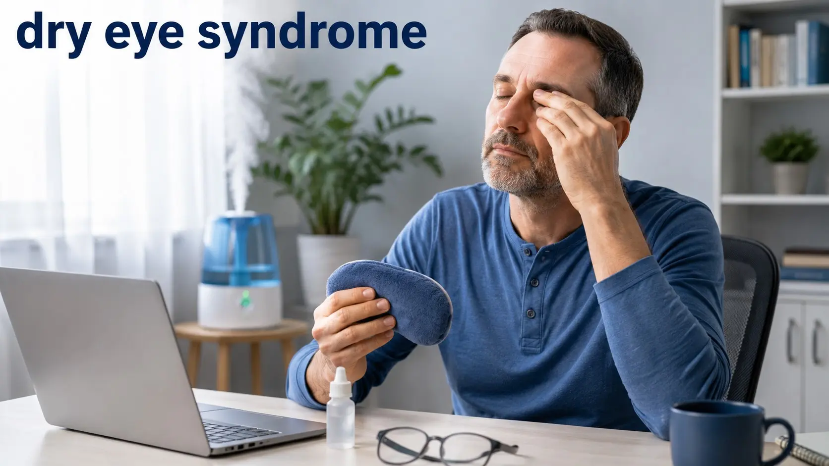 dry eye syndrome - Adult taking a screen break with a warm eye compress and lubricating drops for dry eye relief.