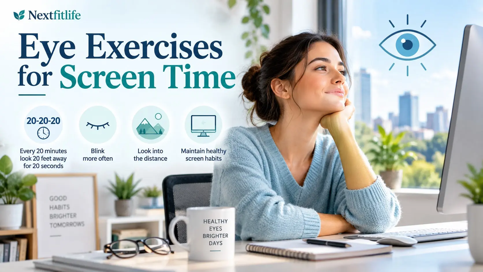 Eye exercises for screen time with 20 20 20 breaks, blinking, distant viewing, dry eye relief, and healthy computer habits