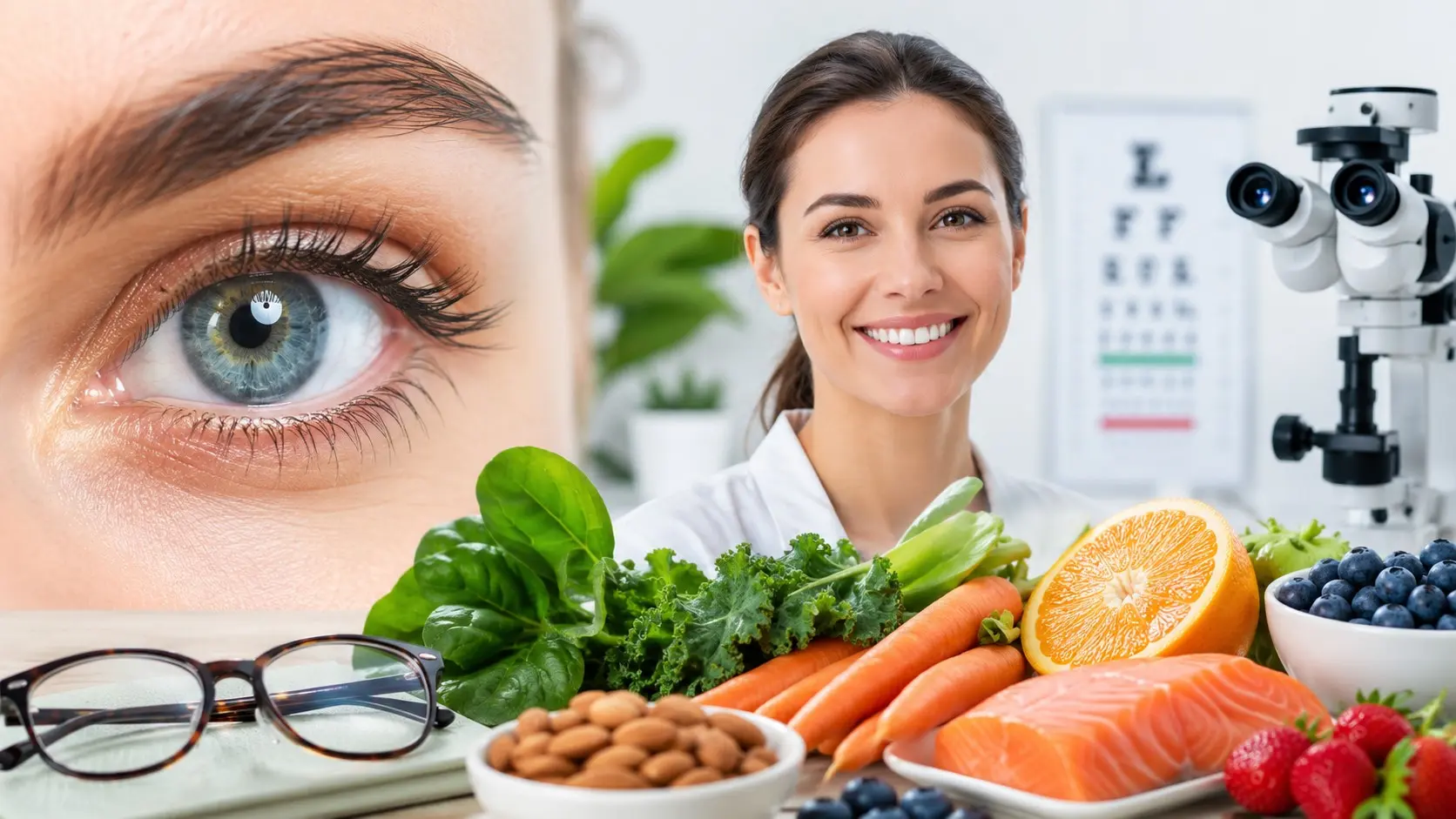 Close up of a healthy eye beside an eye care professional, glasses, an eye chart, and foods that support eye health