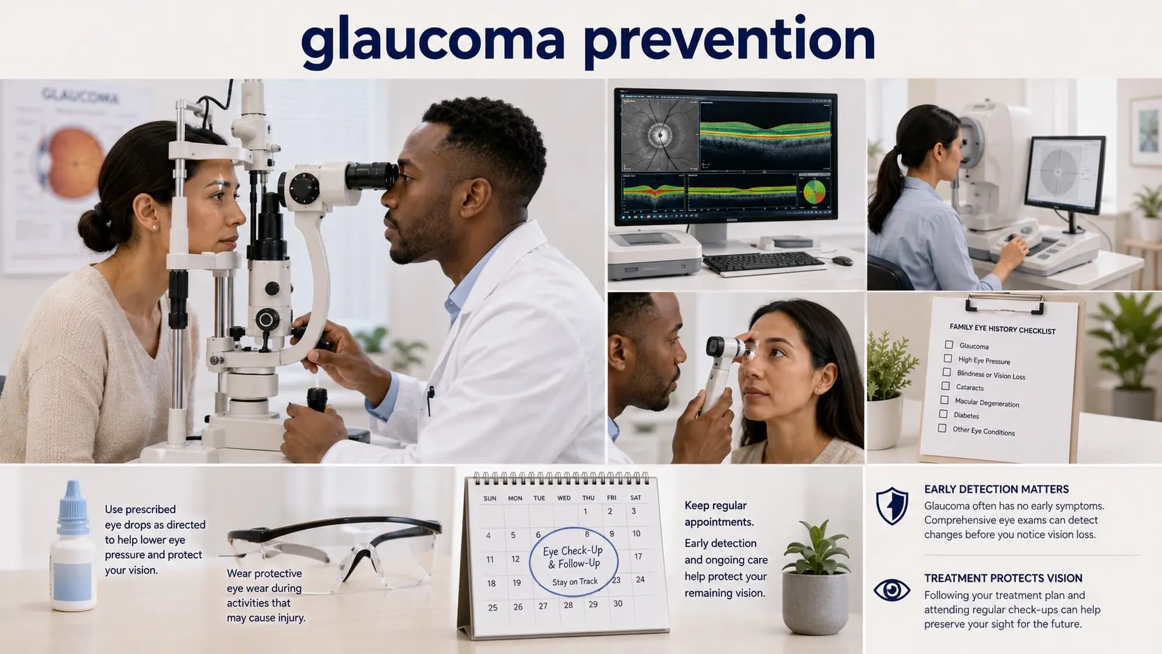 glaucoma prevention - Adult having a comprehensive glaucoma examination with eye-pressure testing, optic-nerve imaging, visual-field testing, and an ophthalmologist.