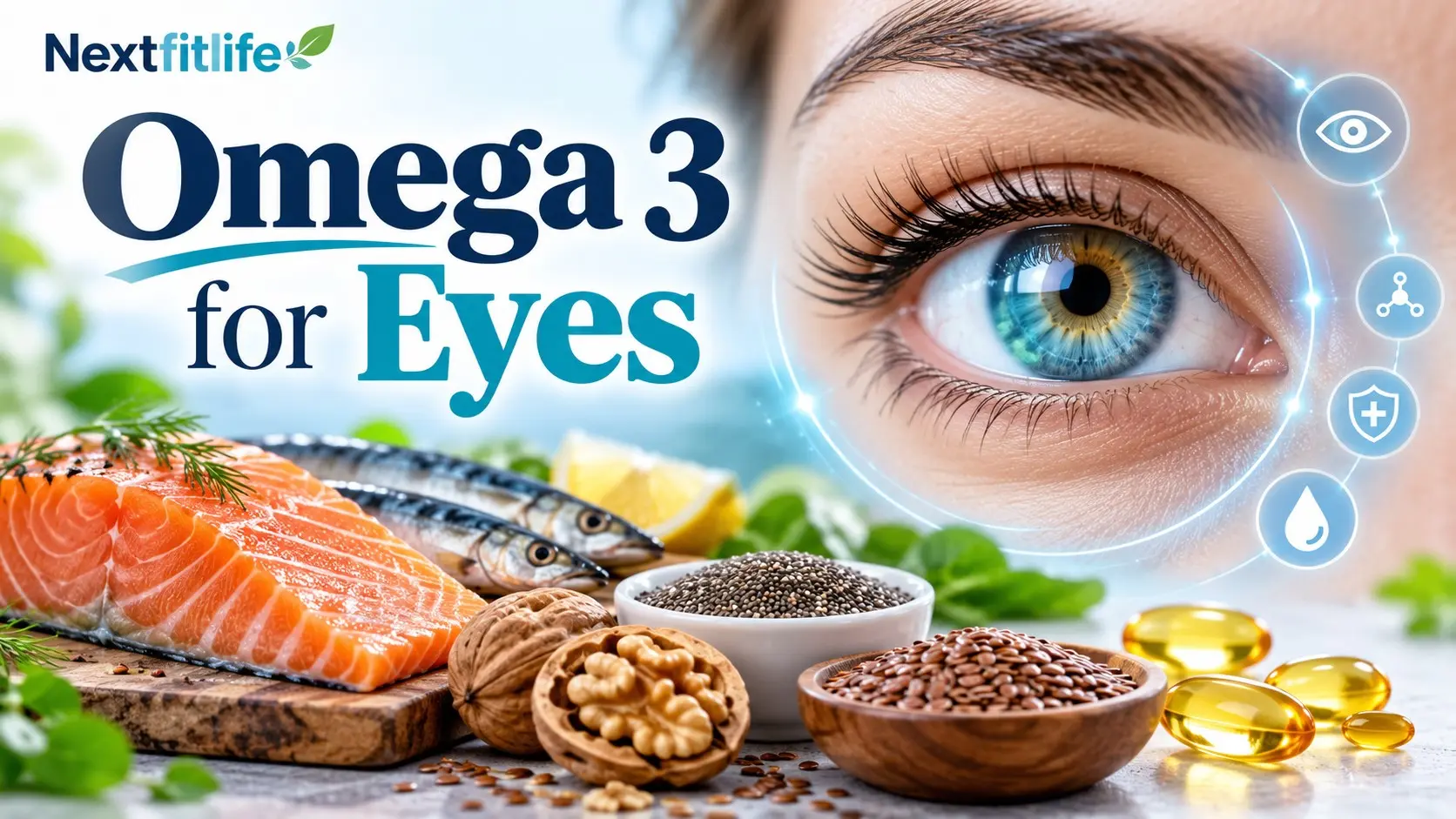 Omega 3 for eyes with retinal health, dry eye care, salmon, sardines, algae oil, DHA, EPA, and eye nutrition