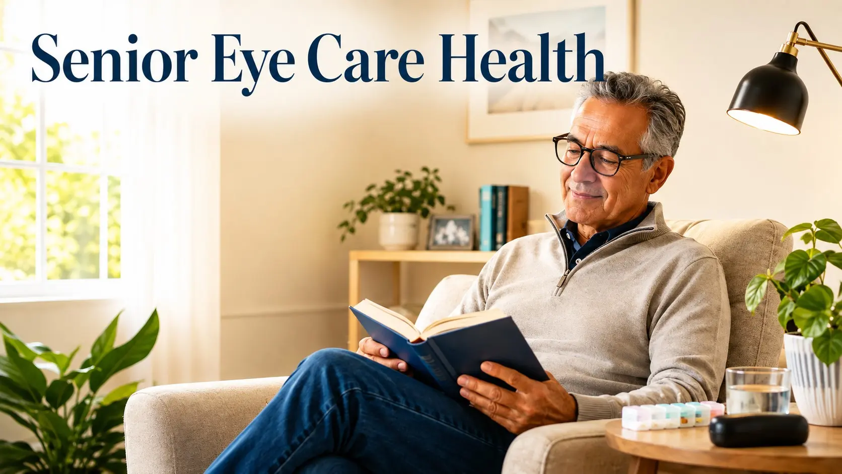 Senior Eye Care Health - Older man wearing glasses and reading beside a task lamp in a bright living room, representing healthy senior eye care habits